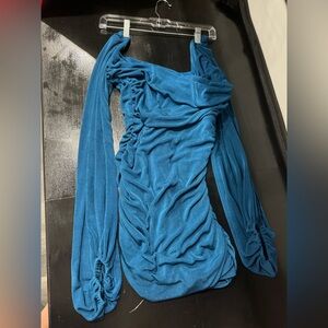 Lucy in the sky Ruched Cow Neck Dress in Blue, size Medium.